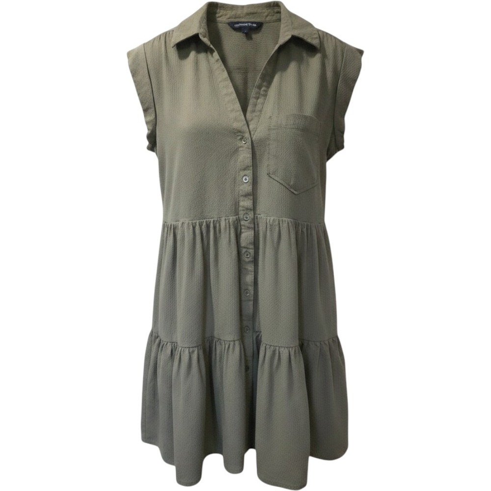 Veronica Beard Olive Green Seersucker Tiered Mini Dress Sleeveless S EUC
